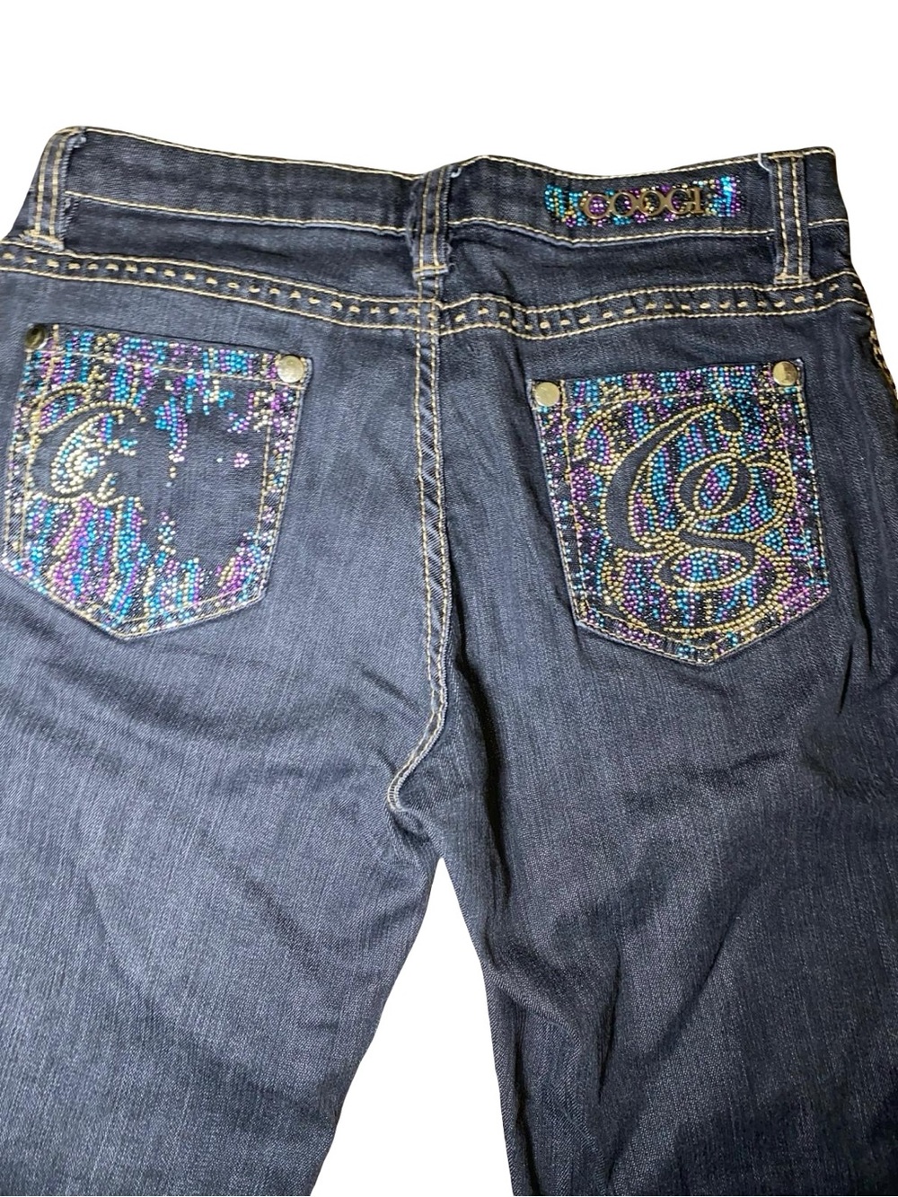 Coogi Y2K Dark Wash Jeans Rhinestone CG Logo Pocket Embellished